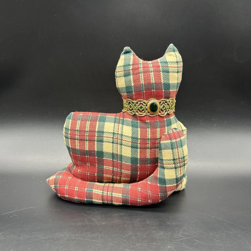 Vintage Cat Shaped Throw Pillow Red Green Plaid Stuffed Animal Kitty Kitten